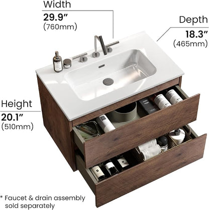 30" Bathroom Vanity with Sink, Modern Floating Vanity with Two Soft-Close Drawers, Large Storage for Small Space, Walnut, Fully Assembled - Iris Collection