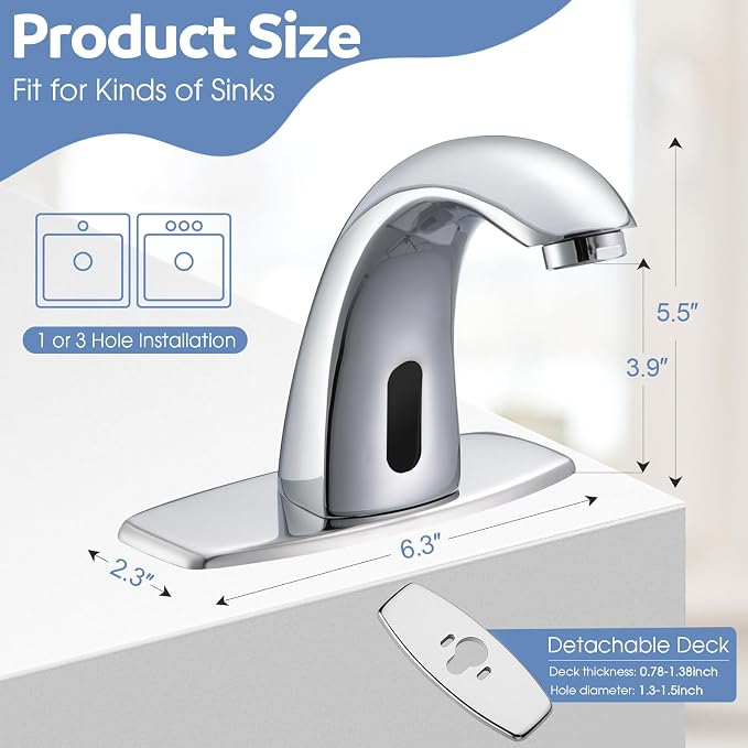 Touchless Bathroom Sink Faucets, Automatic Motion Sensor Sink Faucet with Hole Cover Deck Plate, Chrome Faucet for Bathroom Sink