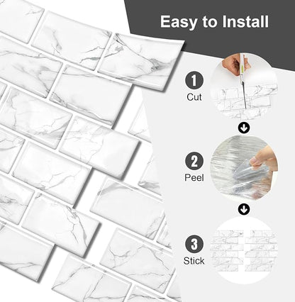 10 Sheets Thicker Design Peel and Stick Backsplash, 12"x12" Peel and Stick Wall Tiles, Subway Look Marble Tiles Backsplash for Kitchen and Bathroom, Calacatta White