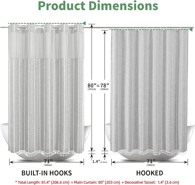 eachope No Hook Long Shower Curtain Set with Snap-in Fabric Liner,Linen Ultra Thick Fabric with Tassels,Boho Chic Modern Farmhouse Country Neutral Cloth Shower Curtains for Bathroom,Grey/Gray,71x80 | 330GSM Thick Linen Textured Striped,Boho Farmhouse R...