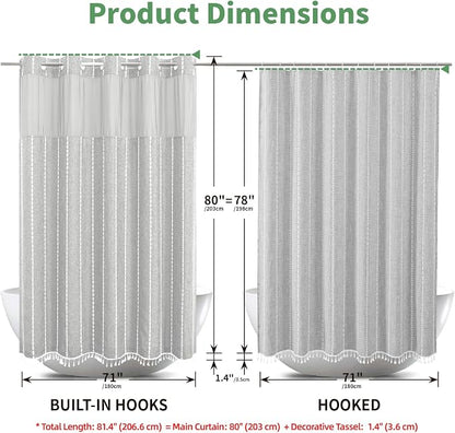 eachope No Hook Long Shower Curtain Set with Snap-in Fabric Liner,Linen Ultra Thick Fabric with Tassels,Boho Chic Modern Farmhouse Country Neutral Cloth Shower Curtains for Bathroom,Grey/Gray,71x80 | 330GSM Thick Linen Textured Striped,Boho Farmhouse R...