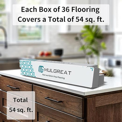 MULGREAT Peel and Stick Floor Tile, 54 Sq.Ft Self Adhesive Vinyl Flooring Plank, 36 Pieces Waterproof Heavy Duty Wood Grain Tiles, 36"x6" DIY Planks for Laundry Kitchen Bathroom Apartment Grey