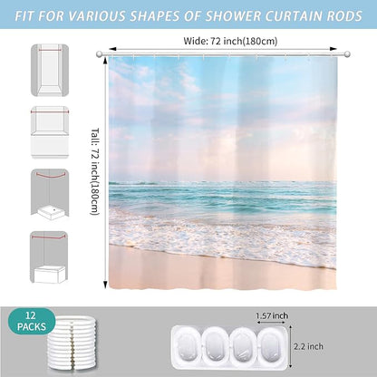 Ocean Beach Coastal Seaside Shower Curtain for Bathroom 72W*72H Inch Nautical Summer Seacoast Beachy Waves Bathtub Decor Seascape Neutral Waterproof Polyester Fabric Set with 12 Hooks
