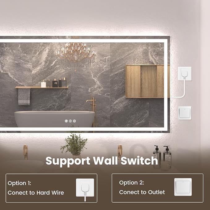 Snowdool 72 x 36 in LED Bathroom Mirror, Front and Backlit, Anti-Fog | Front and Backlit, 3 Color Temperatures, Anti-Fog, Tempered Glass