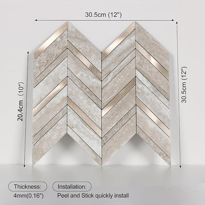 Yipscazo 10-Sheet Beige Slate Herringbone Peel and Stick Backsplash for Kitchen Walls,Heat Resistant PVC Mixed Metal Stick on Backsplash Tiles,Waterproof Peel and Stick Tile for Bathroom&Shower