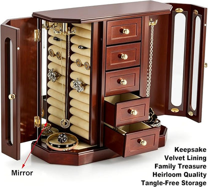 RR ROUND RICH DESIGN Vintage Jewelry Armoire with Mirror Brown | - Solid Wood Jewelry Box Organizer with 5 Drawers & 2 Glass Doors - Large Capacity Desktop Dresser Case
