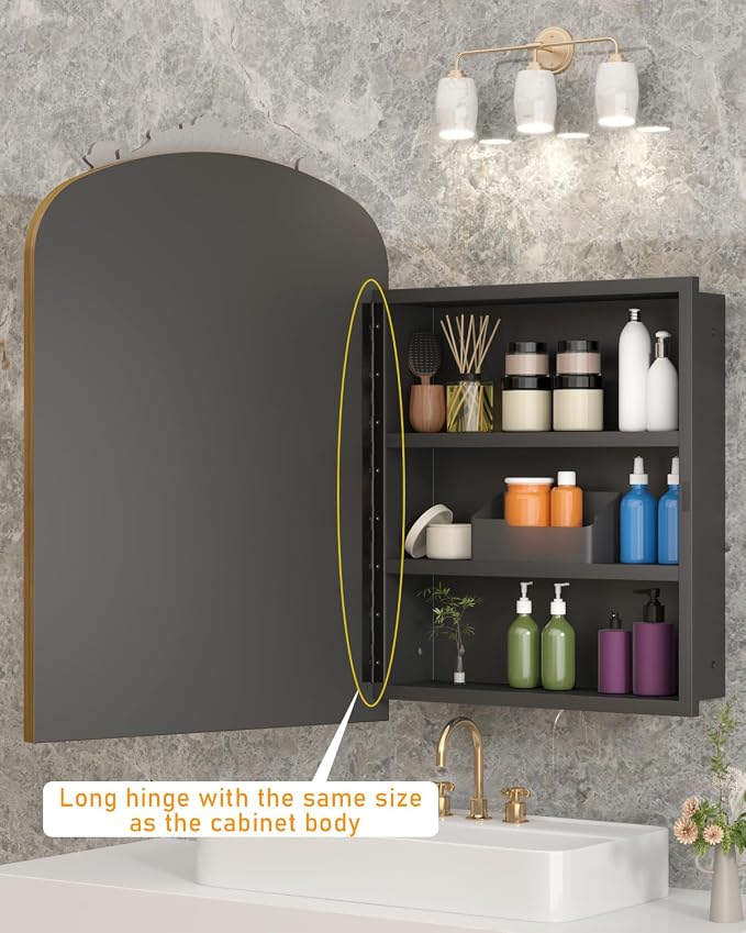20"x30" Vintage Bathroom Medicine Cabinet with Mirror, Retro Hand-Painted Flower Art Decor, Arched Aluminum Frame Medicine Cabinets Recessed / Wall Mounted, 2 Stable & Removable Shelves, 1 Organizer