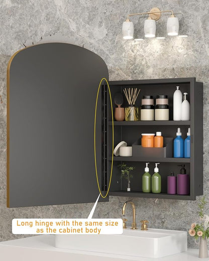 20"x30" Vintage Bathroom Medicine Cabinet with Mirror, Retro Hand-Painted Flower Art Decor, Arched Aluminum Frame Medicine Cabinets Recessed / Wall Mounted, 2 Stable & Removable Shelves, 1 Organizer
