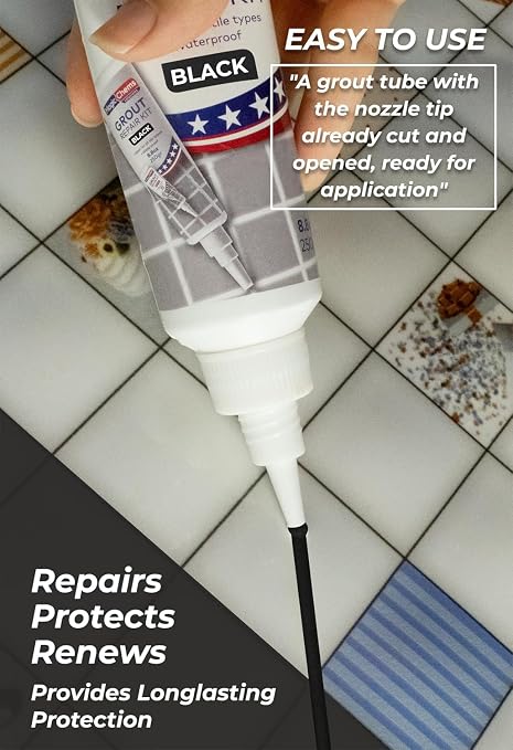 Tile Grout Repair, Black 8.8 oz/250gr. Fast Drying Grout Repair Kit, Grout Filler Tube Repair Kit, Tile Grout Paint, Grout Sealer Restore and Renew Bathroom Floor, Tile Gaps, Joints, Lines
