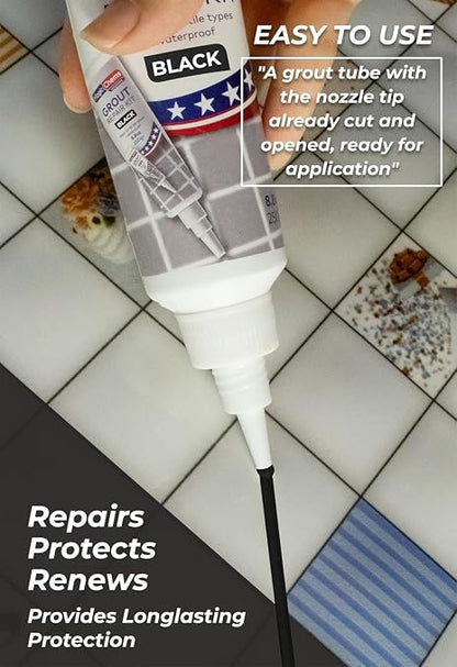 Tile Grout Repair, Black 8.8 oz/250gr. Fast Drying Grout Repair Kit, Grout Filler Tube Repair Kit, Tile Grout Paint, Grout Sealer Restore and Renew Bathroom Floor, Tile Gaps, Joints, Lines