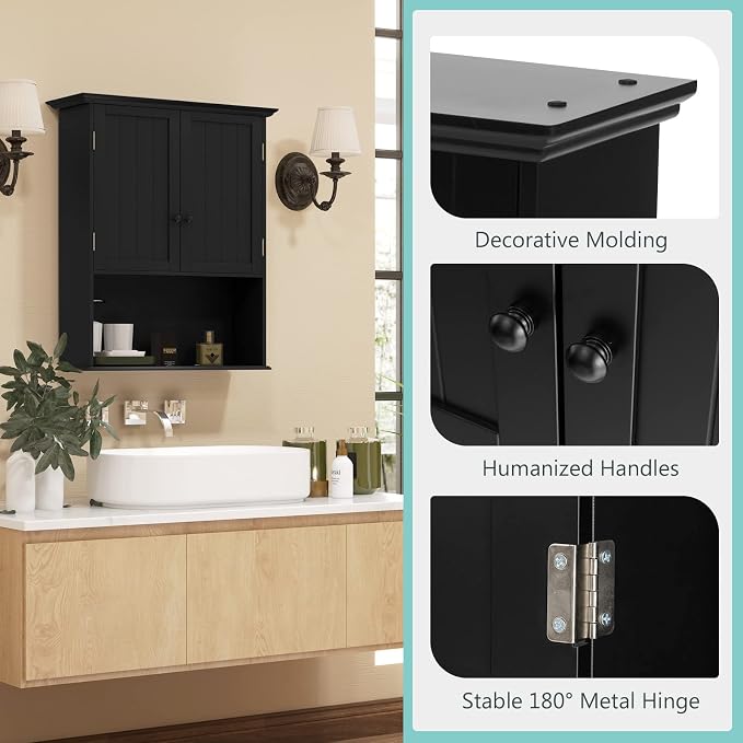 COSTWAY Wall Mounted Bathroom Cabinet, Over The Toilet Storage Cabinet w/Double Doors & Adjustable Shelf, Wood Hanging Medicine Cabinet for Living Room, Entryway, Kitchen (Black) | Double Doors & Adjustable Shelf, Wood Hanging Medicine Cabinet for Livi...