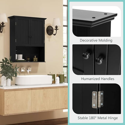 COSTWAY Wall Mounted Bathroom Cabinet, Over The Toilet Storage Cabinet w/Double Doors & Adjustable Shelf, Wood Hanging Medicine Cabinet for Living Room, Entryway, Kitchen (Black) | Double Doors & Adjustable Shelf, Wood Hanging Medicine Cabinet for Livi...