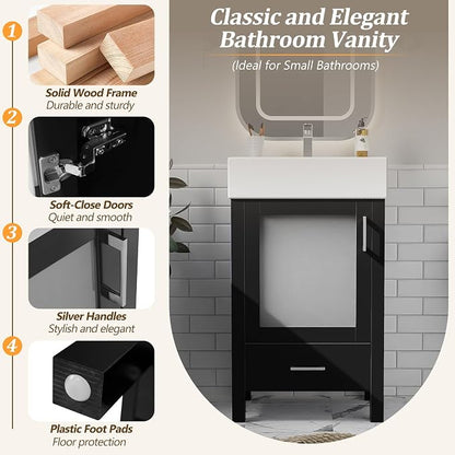 Merax 20 Inch Bathroom Vanity with Ceramic Sink and Ample Storage,Ideal for Small Bathrooms,Black