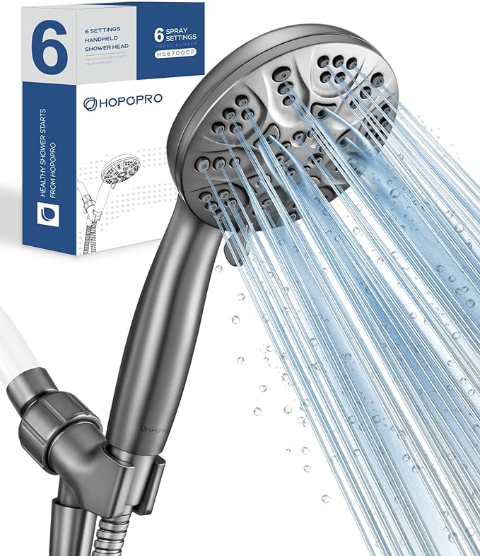 6-Mode High Pressure Handheld Shower Head Set, Consumer Reports Recommended HOPOPRO High Flow Hand Held Showerhead with 59 Inch Hose Bracket Teflon Tape Rubber Washers