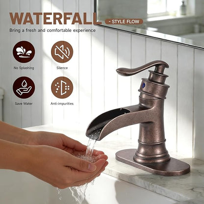 Bathroom Sink Faucet Waterfall Bath Faucets & Parts with Pop Up Drain Stopper Copper Farmhouse Antique Vanity Single Handle Single Hole Commercial Rustic Supply Lines Hose by Bathfinesse