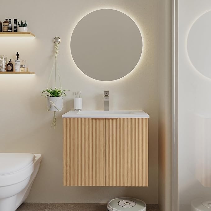 Modern Bathroom Vanity with Sink, Floating Wall Mount Cabinet with Wavy Textured Doors, Waterproof Storage for Small Bathroom, Soft-Close Design, Nature Wood (24")