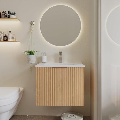 Modern Bathroom Vanity with Sink, Floating Wall Mount Cabinet with Wavy Textured Doors, Waterproof Storage for Small Bathroom, Soft-Close Design, Nature Wood (24")