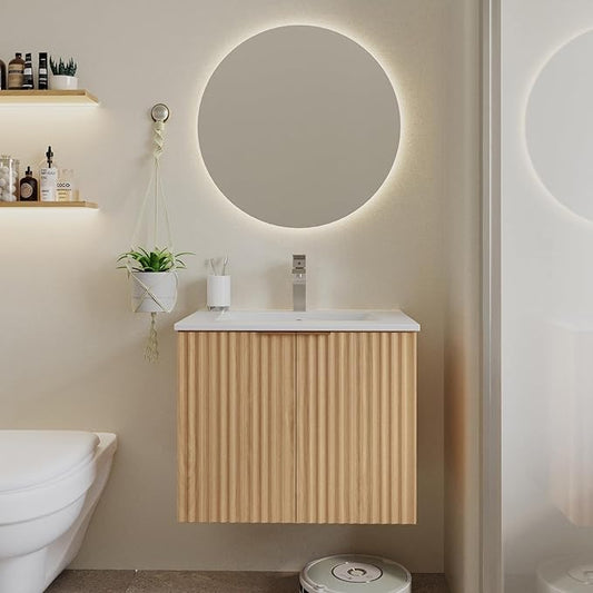 Modern Bathroom Vanity with Sink, Floating Wall Mount Cabinet with Wavy Textured Doors, Waterproof Storage for Small Bathroom, Soft-Close Design, Nature Wood (24")