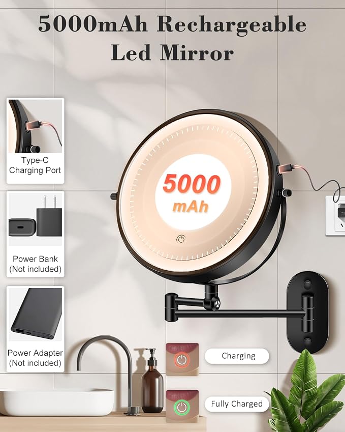 9'' 30X/1X Wall Mounted Height Adjustable Lighted Magnifying Makeup Mirror | 5000mAh Rechargeable Bathroom Mirror with 3 Color Modes Light, Extended Arm Space Saving for Apartment, Hotel, Rental House