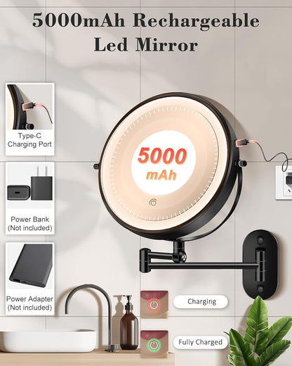 9'' 30X/1X Wall Mounted Height Adjustable Lighted Magnifying Makeup Mirror | 5000mAh Rechargeable Bathroom Mirror with 3 Color Modes Light, Extended Arm Space Saving for Apartment, Hotel, Rental House