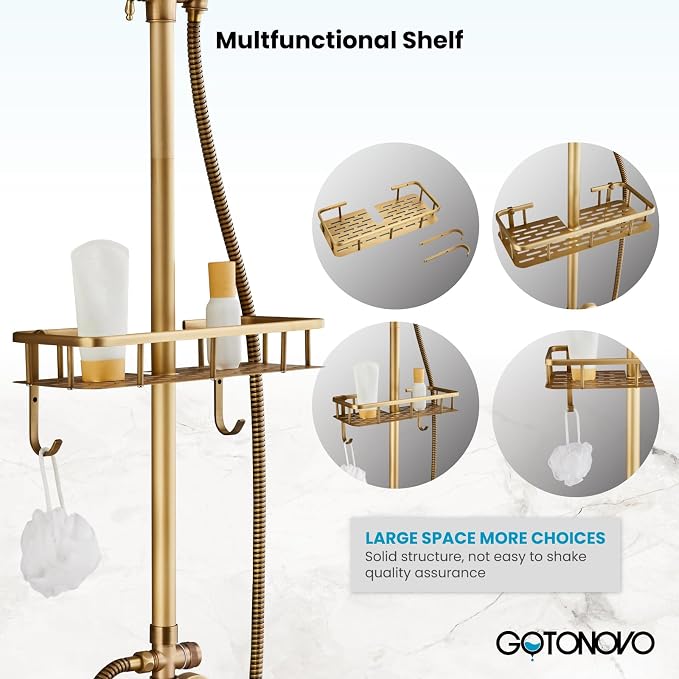 gotonovo Exposed Shower System with Shelf 2 Cross Handle Antique Brass | Bathroom Brass Shower Faucet Set,8’’ Rainfall Head with Handheld Sprayer,SUS304 Shelf,6’’ Hole Distance,Adjustable Height
