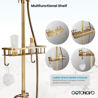 gotonovo Exposed Shower System with Shelf 2 Cross Handle Antique Brass | Bathroom Brass Shower Faucet Set,8’’ Rainfall Head with Handheld Sprayer,SUS304 Shelf,6’’ Hole Distance,Adjustable Height