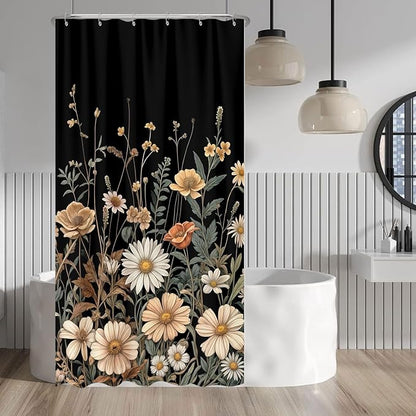 Vintage Boho Floral Shower Curtain, Cute Retro Bohemian Flower Botanical Aesthetic Decorative Shower Curtain Set with Hooks, Unique Dark Wildflower Rustic Farmhouse Shower Curtains for Bathroom 36X72