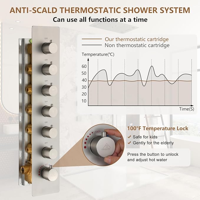 CASAINC 27x16 Inch Thermostatic Shower System Luxury 6 Functions Full Body Shower System with Sliding Rod 2 in 1 Handheld, LED & Music (Brushed Nickel)