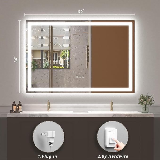 55x36 LED Lighted Bathroom Mirror for Vanity Wall | Front Light and Backlit, Anti-Fog, Memory, 3 Color, Tempered Glass, Dimmable, Rectangular, UL, Horizontal/ Vertical Mounted