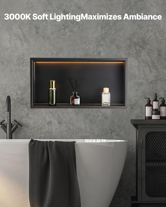 VEVOR Shower Niche, 13 x 25 x 4 inch Recessed Wall Niche with LED Strip,Heavy-Duty Stainless Steel Modern Shampoo Storage Organizer,Sealed Waterproof, Durable & Easy to Install,Black for Bathroom