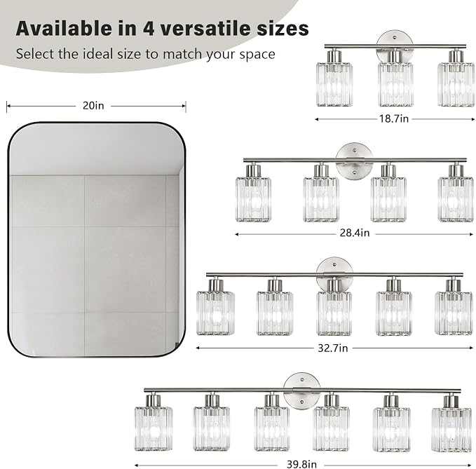 3 Light Bathroom Light Fixtures, Modern Crystal Vanity Lights over Mirror | Metal Frame, Bathroom Light with Square Crystal Shade, ETL Certified, E26 Ceramic Socket, Bulbs Not Included
