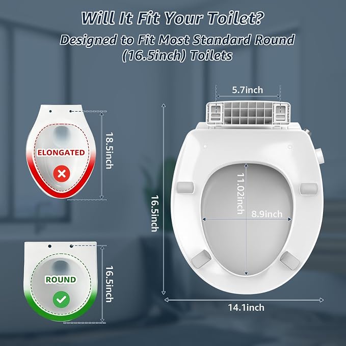 Huttdmel Round Raised Bidet Toilet Seat for Seniors, 2.8" Elevated Toilet Seat Riser, Soft Close, Quick Release, Non-Slip No-Electric Front & Rear Wash for Elderly, Disabled & Limited Mobility