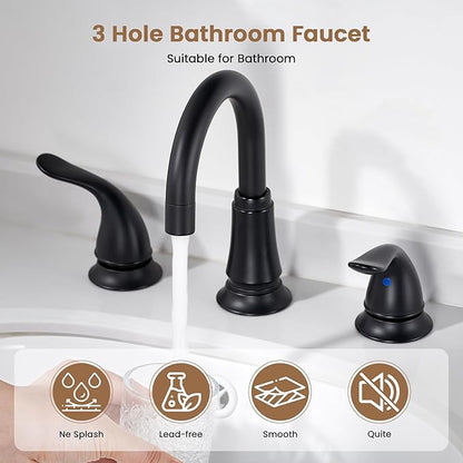 Matte Black Widespread Bathroom Faucet 3 Hole, 8 Inch Adjustable Bathroom Sink Faucet with Pop-Up Drain & Supply Lines, Dual Handle 360° Swivel Spout, Modern Design