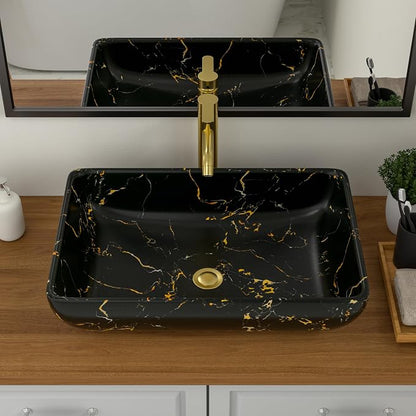 Logmey Rectangle Marble Black Vessel Sink | 23"x15" Ceramic Countertop Bathroom Sink Modern Black Yellow Marble Pattern Porcelain Vanity Sink Lavatory Art Basin