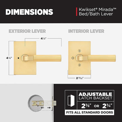 Kwikset Mirada Reeded Interior Privacy Door Handle with Lock, Handle for Bathroom and Bedroom, Satin Brass, Reversible Keyless Push Button Lock, with Microban Protection