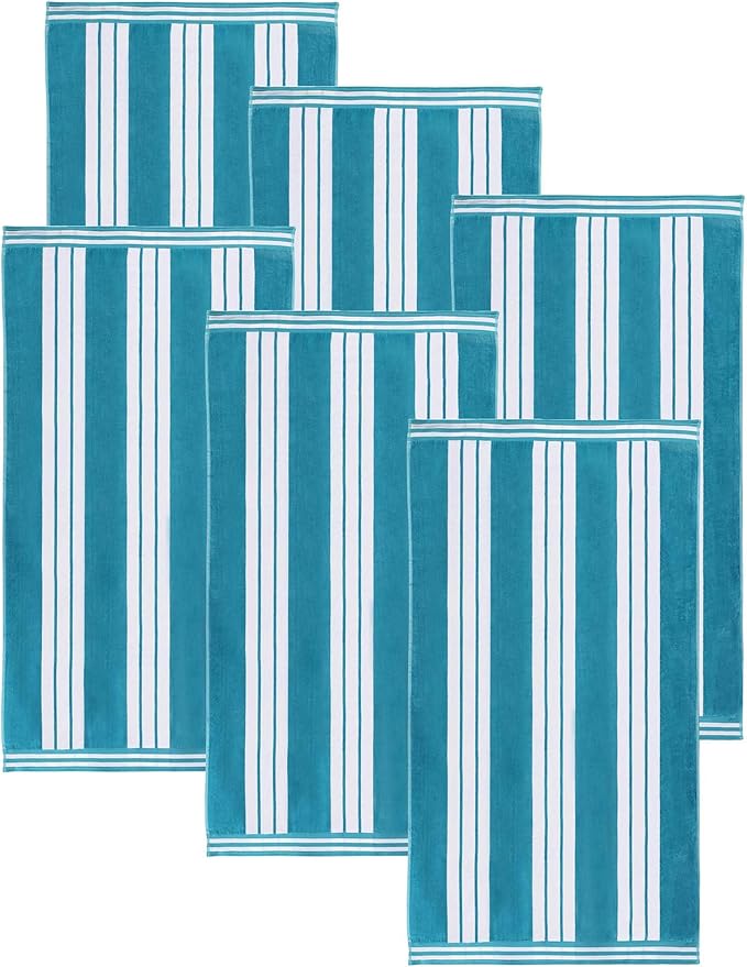 Superior Oversized Cotton Beach Towel Set of 6, Absorbent Towels for Bathroom, Beach, Pool, Swim, Adults, Kids, Vacation, Travel, Bath, Quick Dry Basics, Trip Essentials, Striped Decor, Turquoise