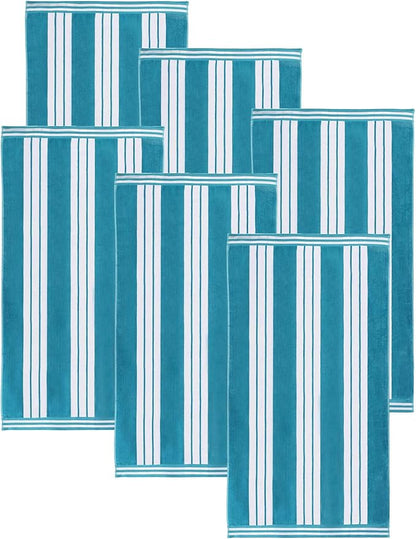 Superior Oversized Cotton Beach Towel Set of 6, Absorbent Towels for Bathroom, Beach, Pool, Swim, Adults, Kids, Vacation, Travel, Bath, Quick Dry Basics, Trip Essentials, Striped Decor, Turquoise