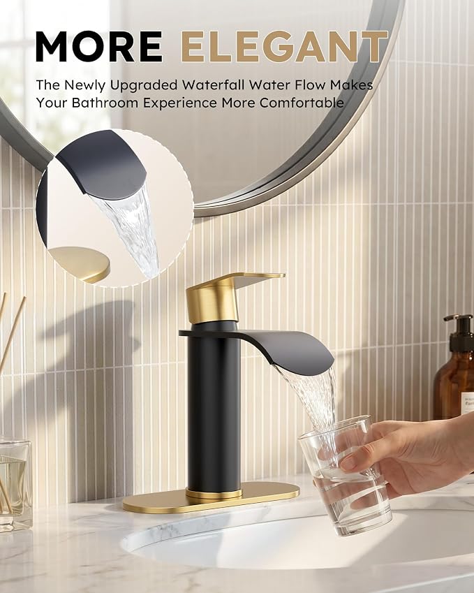 Waterfall Bathroom Faucet: WOWOW Black and Gold Modern Single Handle Bathroom Faucets for 1 or 3 Hole Bathroom Sink Faucet Mixer Tap Washbasin Faucet with Deck, Pop-up Drain and Supply Hoses
