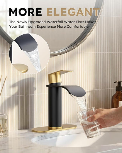 Waterfall Bathroom Faucet: WOWOW Black and Gold Modern Single Handle Bathroom Faucets for 1 or 3 Hole Bathroom Sink Faucet Mixer Tap Washbasin Faucet with Deck, Pop-up Drain and Supply Hoses