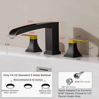 FORIOUS Roman Bathtub Faucet 3 Hole Deck Mount with 2 Handle Black and Gold | Tub Faucet for 3-Hole Set, 6-12" Centered Distance, Widespread Garden Bath Tub, Waterfall Spout, High Flow, Brass