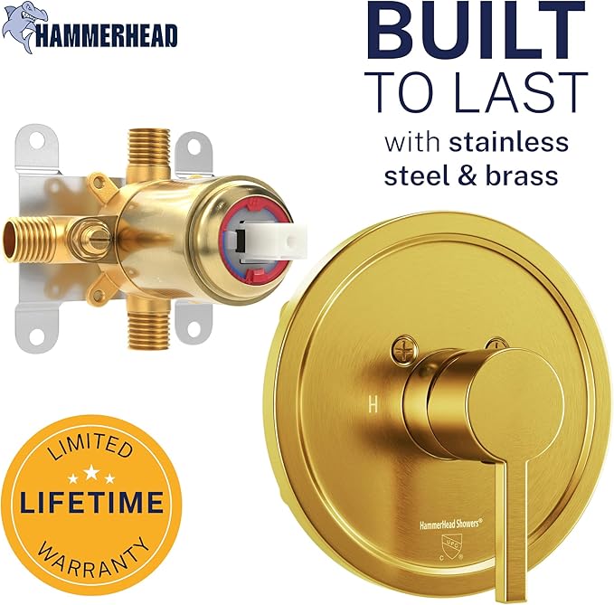 HammerHead Showers Solid Metal Single-Handle Trim Kit with Rough-In Shower Valve, Volume and Temperature Control, Pressure Balance, Brushed Gold
