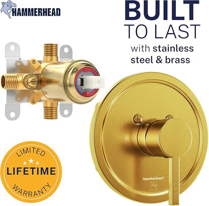 HammerHead Showers Solid Metal Single-Handle Trim Kit with Rough-In Shower Valve, Volume and Temperature Control, Pressure Balance, Brushed Gold