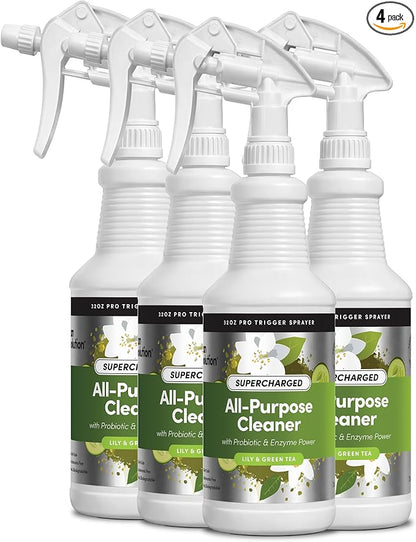Clean Revolution SuperCharged All Purpose Cleaner Refill with Smart Probiotic + Enzyme Complex, Multi-Surface Kitchen Bathroom & Floor Cleaner, Lily & Green Tea, 32 Fl Oz (Pack of 4)