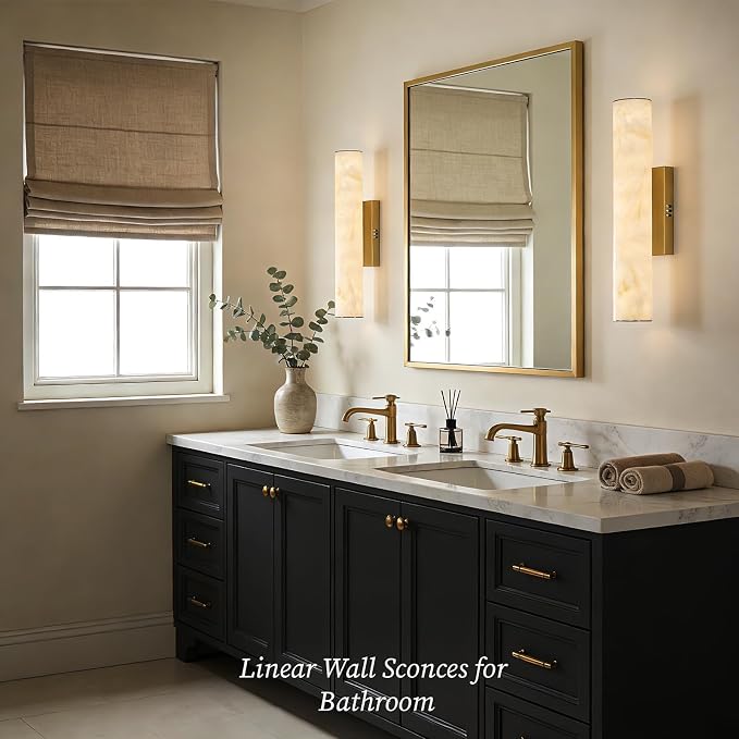 Alabaster Wall Sconce, 20in Linear Gold Brass Wall Sconces, Luxury Marble Look Bathroom Vanity Light, 3000K Dimmable Hardwired Wall Lamp for Living Room Bedroom Hallway, 1 Pack, Faux Alabaster