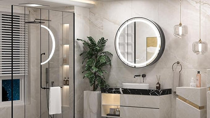 Keonjinn 30 Inch Round Lighted Medicine Cabinet, Black LED Medicine Cabinet Mirror, Circle, Electrical Outlet, 3 Color Lights, Anti-Fog, Dimmable, Surface Mount Only