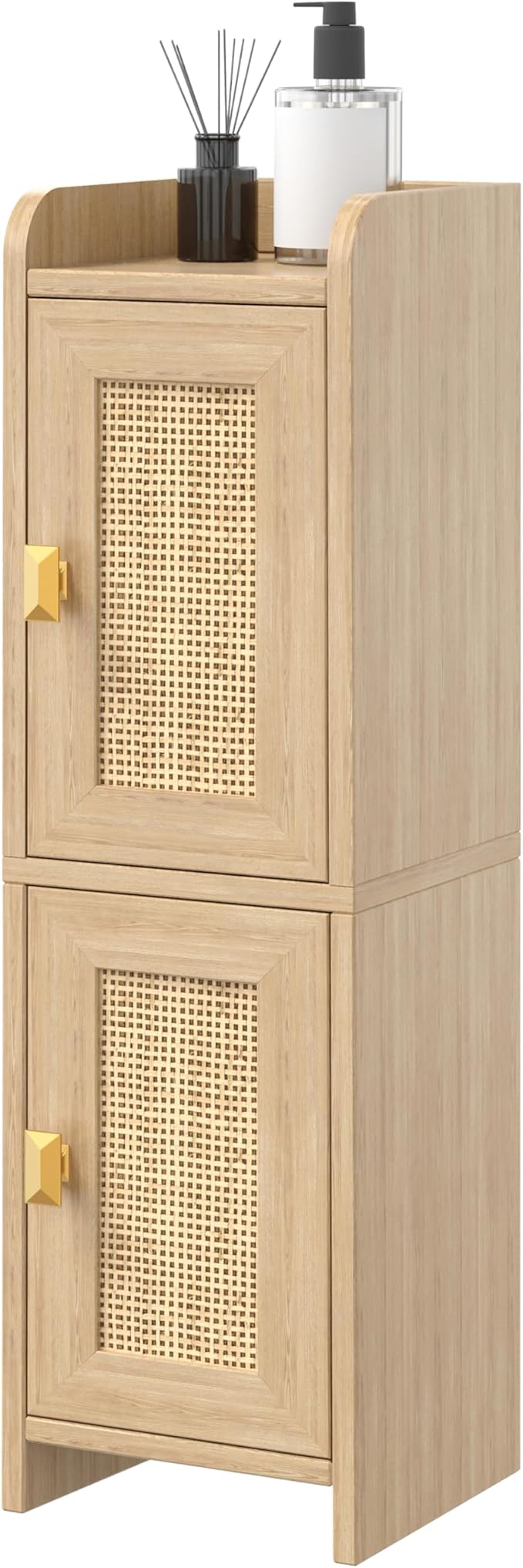 Rattan Small Bathroom Cabinet with 2 Doors, 7.9''D x 7.9''W Narrow Toilet Paper Storage Cabinet, Bathroom Organizer for Small Spaces, Wooden Slim Corner Unit with Adjustable Shelf, Natural Oak
