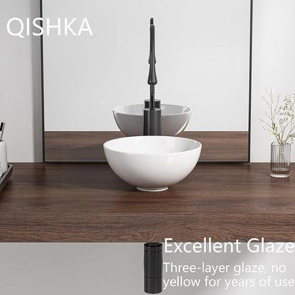 11 Inch Round Bathroom Bowl Sink Above Counter, QISHKA Mini White Ceramic Vanity Vessel Sink - 11" x 11" Small Countertop Circle Art Basin for Space-Saving