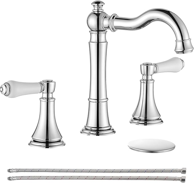 Porcelain 2-Handle Chrome Bathroom Faucets 8 inch Widespread for 3 Holes with Plastic Pop-Up Drain & 2Pcs Water Supply Lines, Classic Chrome Bathroom Vanity Sink Faucet, Brass Swivel Spout