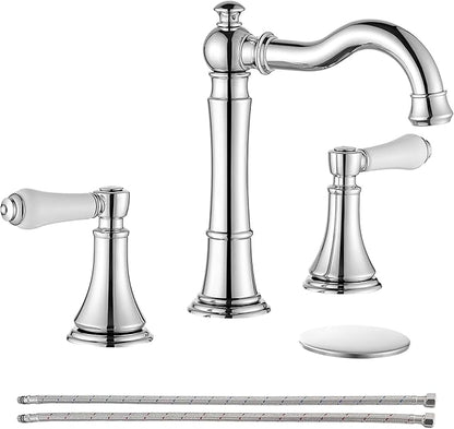 Porcelain 2-Handle Chrome Bathroom Faucets 8 inch Widespread for 3 Holes with Plastic Pop-Up Drain & 2Pcs Water Supply Lines, Classic Chrome Bathroom Vanity Sink Faucet, Brass Swivel Spout