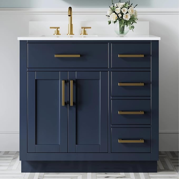 36-Inch Bathroom Vanity with Sink W/ 2 Doors & 4 Drawers & 1 Flip Drawer, Navy Blue Vanity W/Brushed Gold Handles